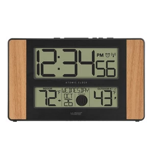 La Crosse Technology Atomic Digital Clock with Outdoor Temperature, Oak Finish, - Picture 1 of 8