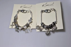 Kim Rogers Charm Bracelet  LOT cross  puffy hearts  silver tone 7.5 inch E - Picture 1 of 13