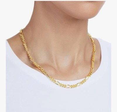 Cadena FIGARO Plata De Ley 925 MACIZA En Baño De Oro 14K Para Mujer O Hombre 18" - Image 1 of 3