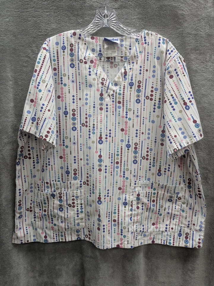 Landau Scrub Top Womens 2XL Multicolor Dotted Bubble Print Medical Pen Holders - Image 1 of 4
