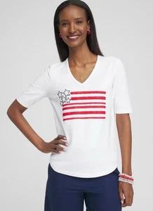 Chico's Damen Tee T-Shirt Oberteil Größe XL rot verziert amerikanische Flagge V-Ausschnitt - Bild 1 von 11
