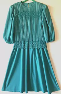 Drop Waist Plissee Kleid Ballonärmel türkis blau USA Retro Grandmacore Vintage S/M - Bild 1 von 12