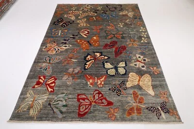 6x8 ft Butterfly Gray Area Rug Afghan Hand Knotted rug bedroom living room rug - Image 1 of 4