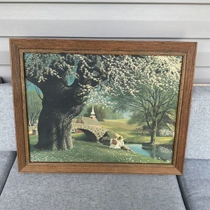 PAUL DETLEFSEN Framed Print Spring Blossoms Young Couple Stone Bridge Flowers - Picture 1 of 10