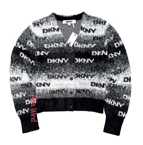 DKNY Women’s Logo Furry Cardigan Sweater Black/Ivory Size-M NWT$89 - Picture 1 of 7