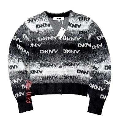 Cárdigan suéter DKNY para mujer con logotipo peludo negro/marfil talla M nuevo con etiquetas $89 Foto 1 de 4