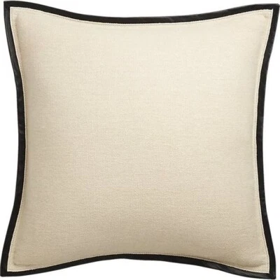 NEW~CB2 Delaney Beige Linen Blend Down Filled Pillow with Leather Trim - Image 1 of 4