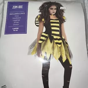 Zom-Bee Costume Girls (large 12-14) Zombie Bee Dress Tights Wings Halloween - Picture 1 of 6