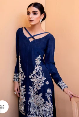 Taleen Pakistani Designer Navy Blue Silk Embroidered Kurta Palazzo Suit Sz S EUC - Image 1 of 4
