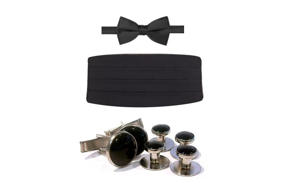 Men's Black Satin Adj.Fit All Cummerbund Pre Tied Bow Tie Cuff Links Studs - Image 1 of 1