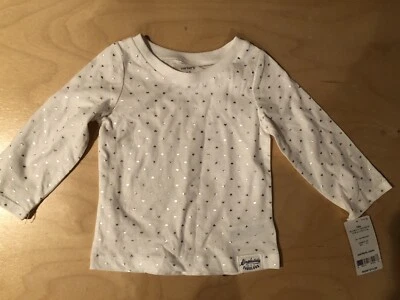 Carter’s 12 mo’s long sleeved 100% cotton knit top white  tiny silver Hearts NWT - Image 1 of 4