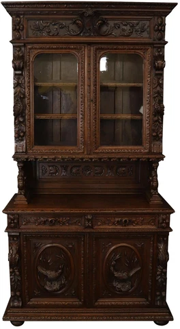 Antique Buffet Sideboard Hunting Renaissance Carved Oak Birds Griffin Glass Door Cover