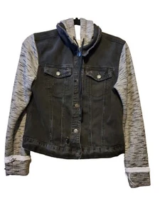 Mudd Black/Gray Denim Knit Long Sleeves Pocketed Button Hooded Jacket sz Girls L - Picture 1 of 6