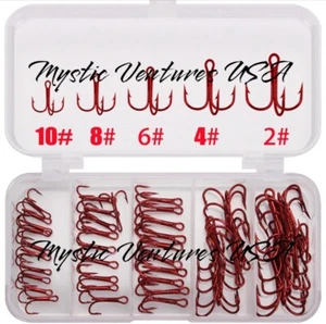 50pcs Red Fishing Hooks Carbon Steel Treble Hooks Fishing Tackle 2# 4# 6# 8# 10# - Picture 1 of 4