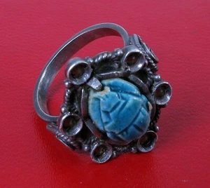 ANTIQUE 900 STERLING SILVER MARCASITE EGYPTIAN REVIVAL BLUE SCARAB BEETLE RING ! - Picture 1 of 1