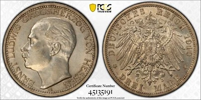 1910-A 3 Marks German States, Hess-Darmstadt, Ernest Ludwig Jubilee - PCGS MS-62 - Image 1 of 3