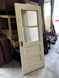~ ANTIQUE OAK DOOR WITH FROSTED WHEEL CUT GLASS 34 X 83.5~ ARCHITECTURAL SALVAGE - Picture 1 of 10