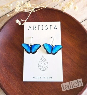 Artista Earrings 'Mellow' Small Blue Butterfly Lightweight Unique Gift Handmade - Image 1 of 4
