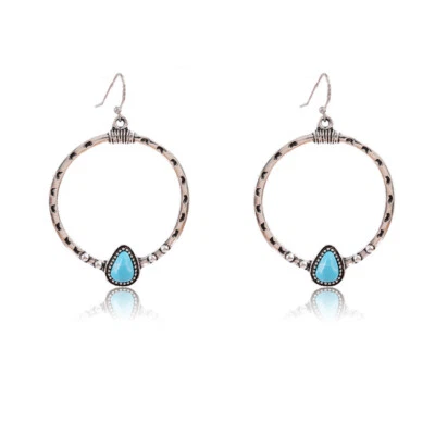 Moda Donna Argento Blu Turchese Pietra Goccia Orecchini Stile Bohemien Pendente - Immagine 1 di 4