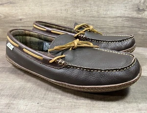 LL Bean Moccasin Brown Leather Slippers Plaid Lined Mens Size 11 - Picture 1 of 14