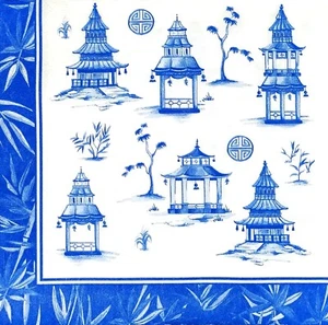 R969# 3 x serviettes en papier simple pour découpage motif de construction de pagode bleu blanc - Photo 1 sur 11