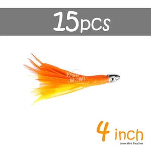 Señuelo de calamar cabeza cromada bala 15 piezas naranja amarillo 4" mini pluma de atún 1/2 oz NUEVO - Imagen 1 de 6