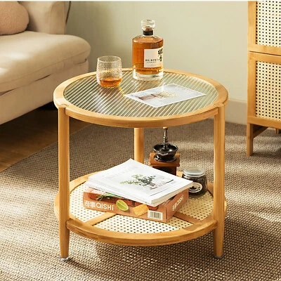 Round Coffee Table,Wood Living Room Table 2 Tiers Indoor End Table Free Standing - Image 1 of 4