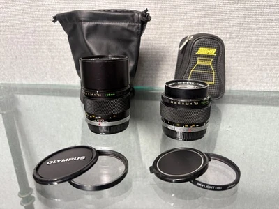Olympus E Zuiko Auto T 100mm f2.8 & Zuiko MC Auto T 135mm f2.8 Lens Lot W/Cases - Image 1 of 4