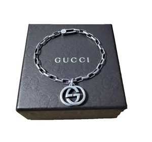 GUCCI Interlocking G Charm Bracelet Silver 925 Square Link Chain Logo Used - Picture 1 of 9