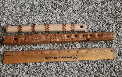 Vintage Hand Carved Flute Made In Yugoslavia 12 1/4” Long Beautiful Designs - Image 1 of 4