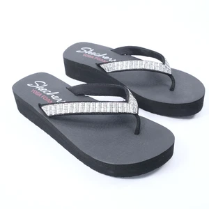 Skechers Women's Black Rhinestone Wedge Flip Flops Sandals Yoga Foam Size UK 6 - Picture 1 of 7