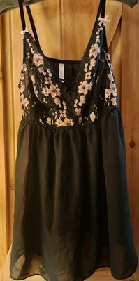 Cacique Plus Size Womens 18/20 Black Lace Pink Flowers Embroidered Teddy Sheer - Image 1 of 4