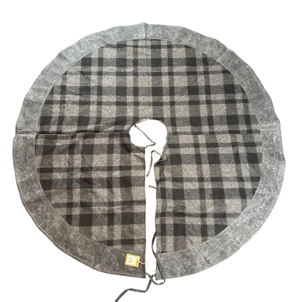 C.C. Filson Christmas Tree Skirt MADE IN USA Black Gray 60" Plaid Check Wool - Image 1 of 4