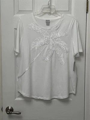 NUEVO CON ETIQUETAS Camiseta Chico's Talla 3 XL 16 Alabastro Blanco Lentejuelas Adornada Algodón Palmera Foto 1 de 4