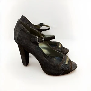 Juicy Couture braun Wildleder Leder Absatz offene Zehenpartie Knöchelriemen Absätze 7,5 Mary Janes - Bild 1 von 14