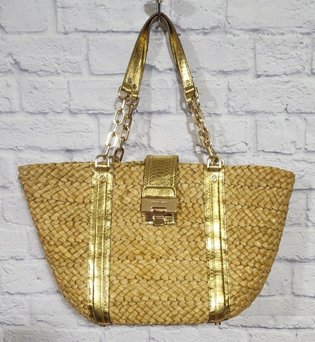 Borsa a tracolla Michael Kors tessuto paglia e pelle oro catene oro