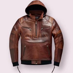 Men's Brown Leather Hoodie Genuine Lambskin Leather Hoodie Handmade Slim Hoodie - Picture 1 of 2