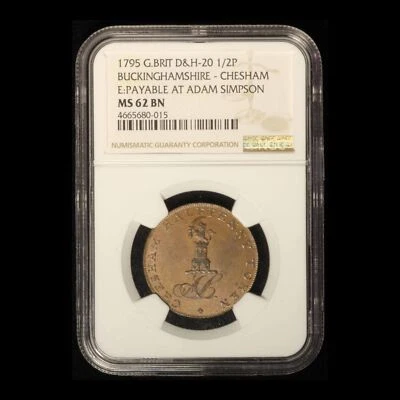 1795 Great Britain D&H-20 1/2P Half Penny NGC MS62BN - Free Shipping USA - Image 1 of 3