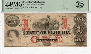 FL CR-19 1863 $1 Florida Paper Money - PMG Very Fine 25 - Picture 1 of 2
