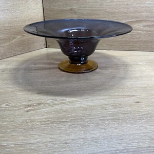 Blenko Hand Blown Glass Violet And Topaz Console Centerpiece Pedestal Bowl - Picture 1 of 11
