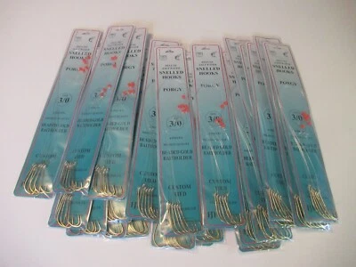 144 FISH HOOKS SNELLED BEADED GOLD BAITHOLDER PORGY SEA BASS RIG 12" MONO CHOICE - Image 1 of 4