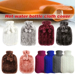Large 2L Natural Rubber Hot Water Bottle Warm Faux Fur Pom Fleece Knitted Cover - Picture 1 of 27