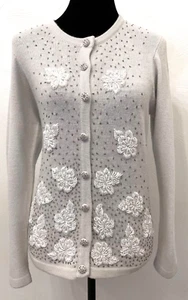 Marissa Christina Womens Floral Bead Debut Cardigan Medium Gray Knit Lambswool - Picture 1 of 18