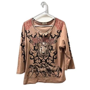 Cactus T Shirt Blouse Women's XL Brown Embellished y2k horse Wild West Festival - Picture 1 of 4
