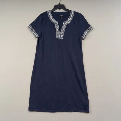 TALBOTS Shift Dress Sz L Navy Cotton Knit Preppy Nautical Embroidered Neckline - Image 1 of 4