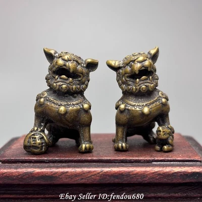 32mm China Pure Copper Bronze Fengshui Foo Dog Lion Beast Statue Pair T394 - Image 1 of 4