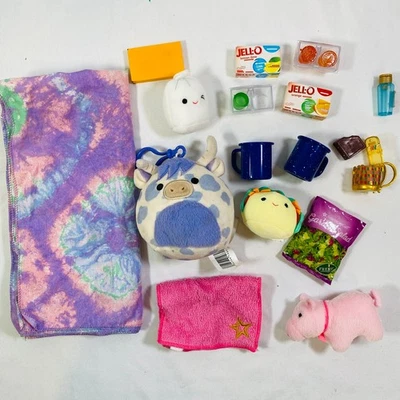 18" American Girl Doll Camp Hangout Blue Mugs, Pink Towel, Salad, Plush Extras - Image 1 of 4