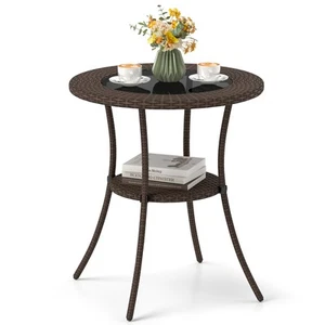 Topbuy Outdoor Round Rattan Wicker Coffee Table Steel Frame Glass Top - Picture 1 of 9