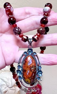 GORGEOUS Sterling Silver Poppy Jasper, Red Tiger’s Eye, Etc. Floral Necklace - Picture 1 of 17