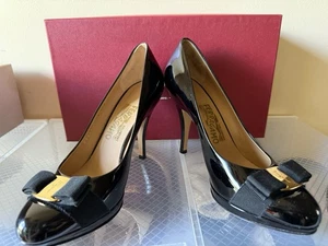 AUTHENTIC Salvatore Ferragamo Black Patent Leather Heels with Gold Accent - Picture 1 of 6